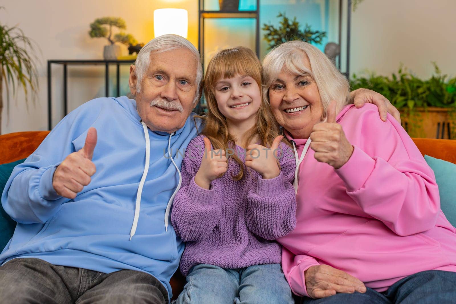 Like. Happy excited Caucasian grandparents and granddaughter looking at camera and showing thumbs up sign positive great news positive feedback. Cheerful family sitting on sofa in living room at home.