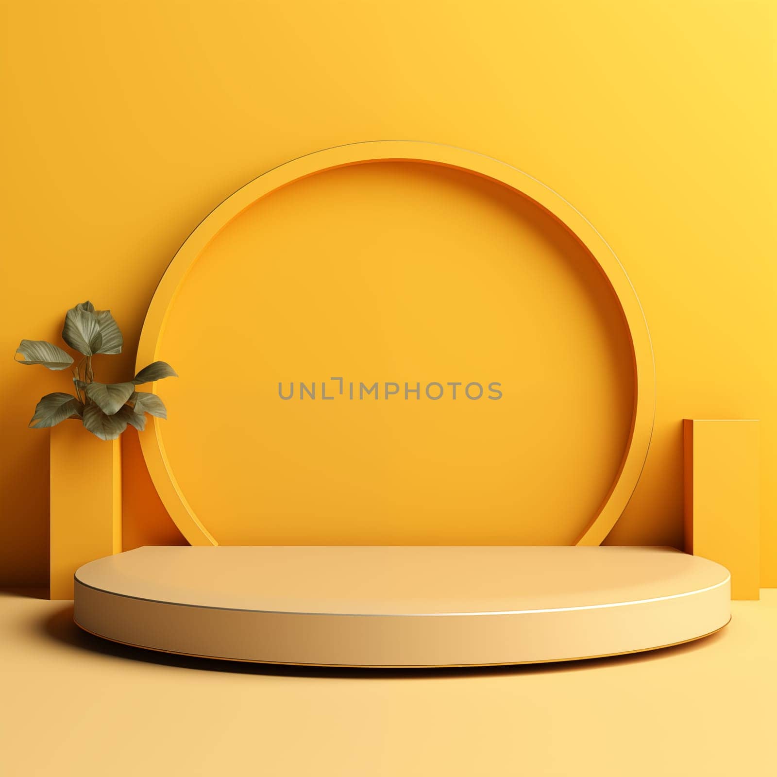 3d podium with ring on yellow background for cosmetic product. Minimalistic decor, daylight. Can used for goods on pedestal - cosmetic creams, lotion.