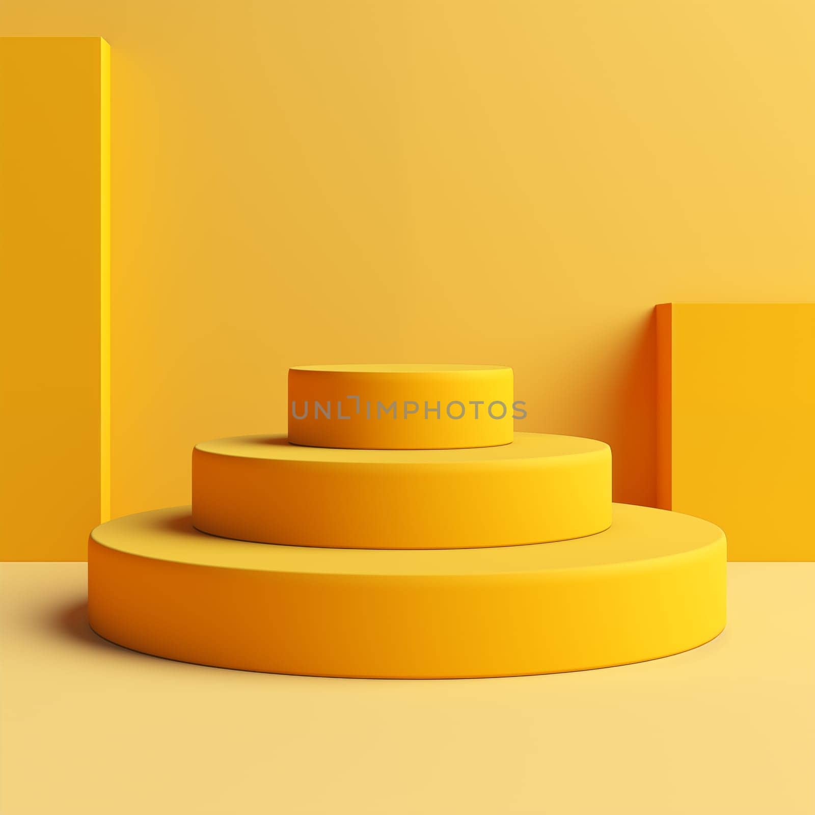 3d podium with 3 parts on yellow background for cosmetic product. Minimalistic decor, daylight. Can used for goods on pedestal - cosmetic creams, lotion.