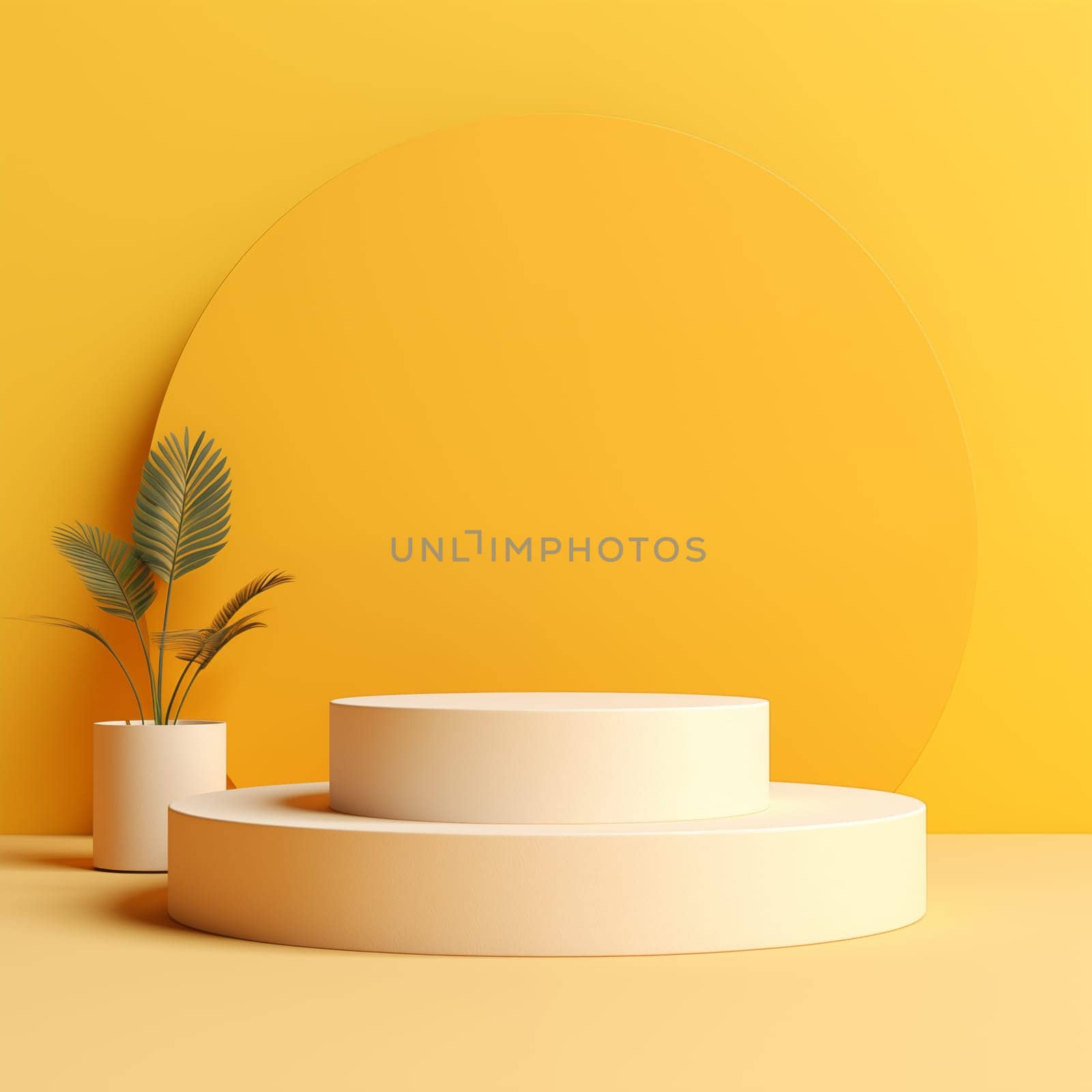 3d podium with 2 parts on yellow background for cosmetic product. Minimalistic decor, daylight. Can used for goods on pedestal - cosmetic creams, lotion.