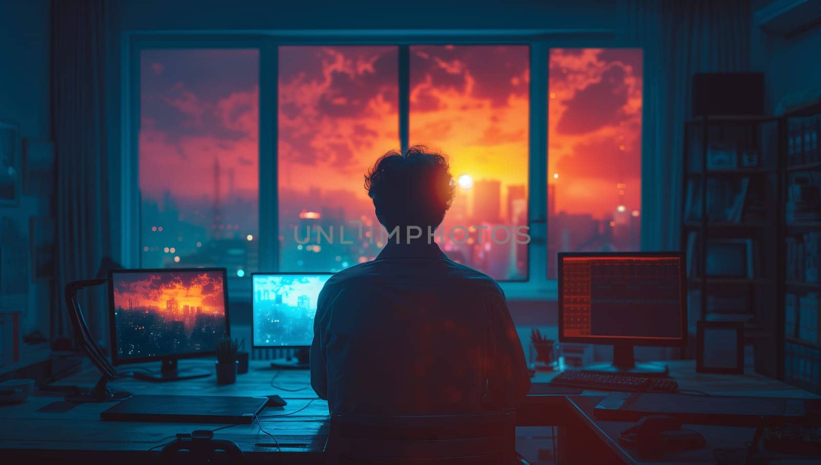 a man is sitting in front of a computer in a dark room by richwolf