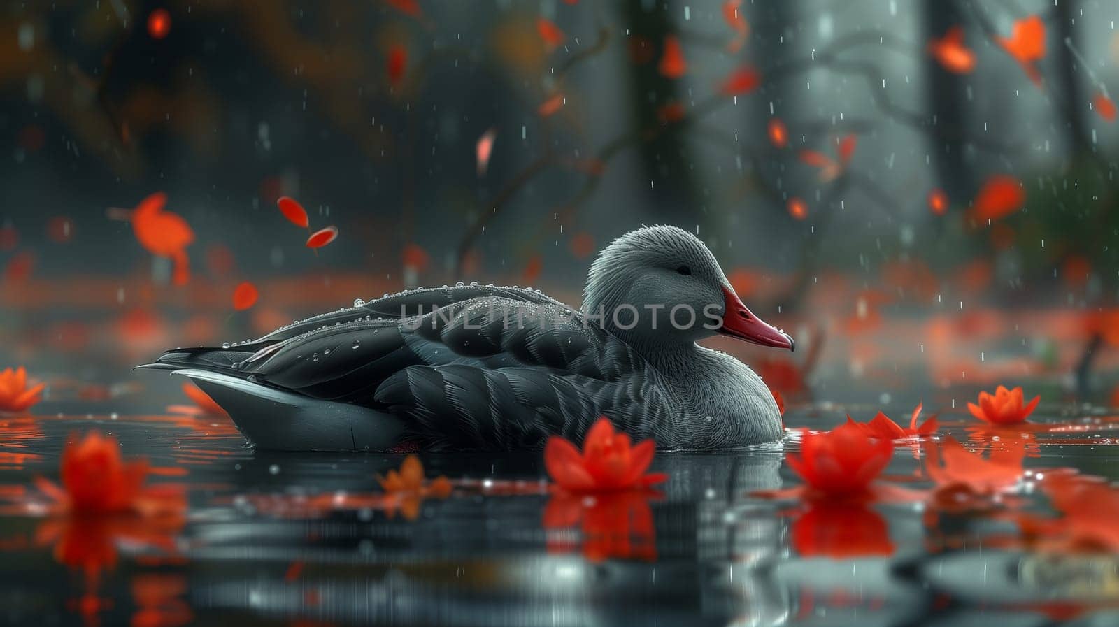 A water bird with a beak is swimming in a pond among red leaves by richwolf