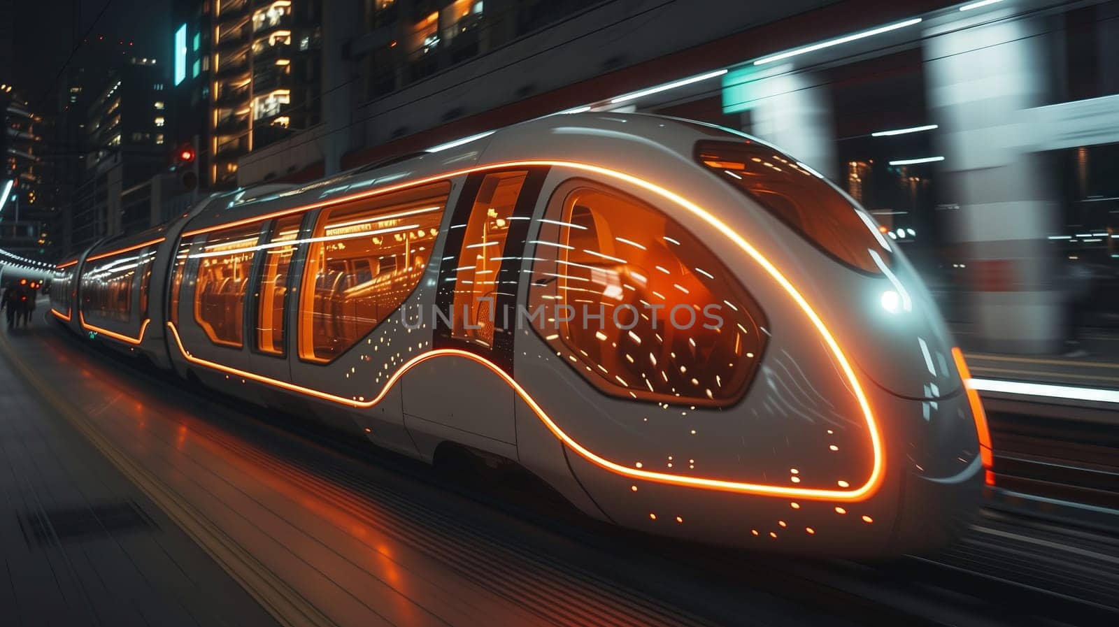 a futuristic train is going down the tracks at night . High quality