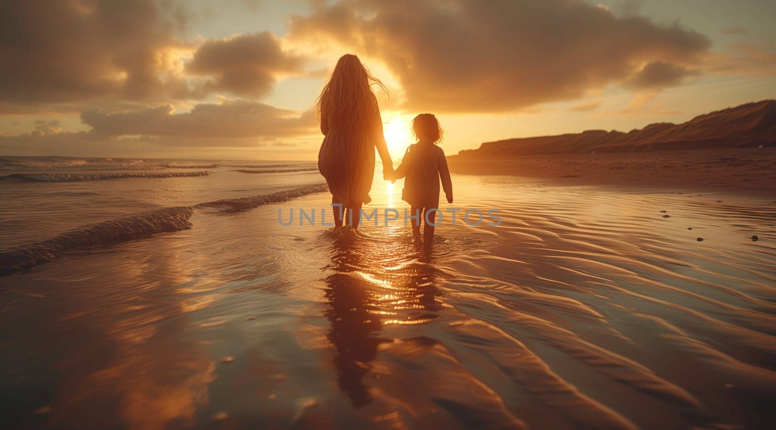 A woman and a child stroll along the beach at sunset, hand in hand, under the colorful sky and gentle clouds, enjoying the serene natural landscape