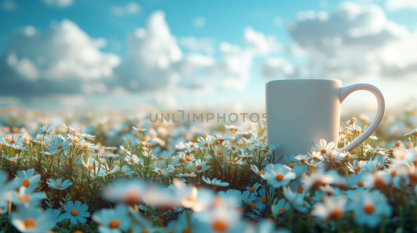 A cup of coffee sits on a cloud in a field of daisies, surrounded by a natural landscape with skyscrapers in the distance