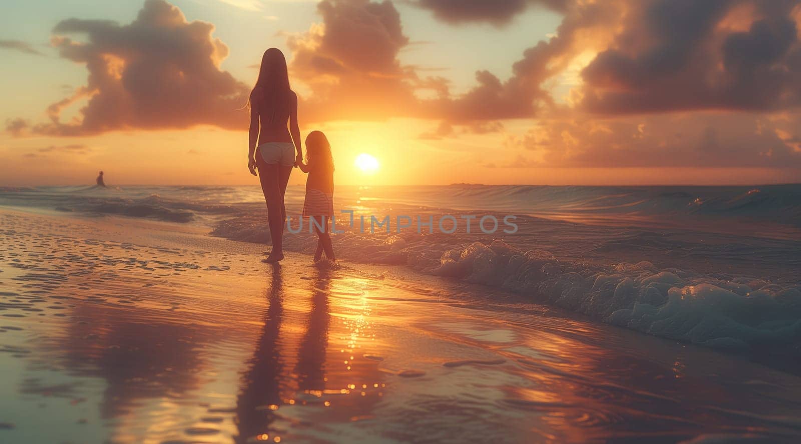 A woman and a child are strolling along the beach as the sun sets, with the sky filled with colorful clouds. The natural landscape of the horizon creates a peaceful dusk scene