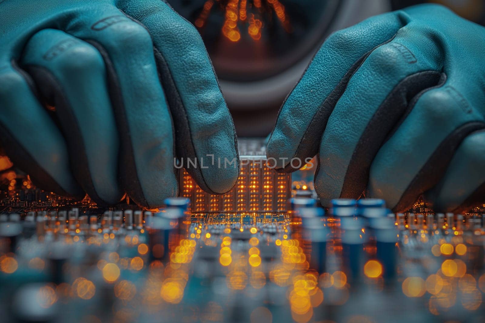 Close-up of a technician repairing a circuit board, checking the integrity of the plates and connectors. Technology concept.