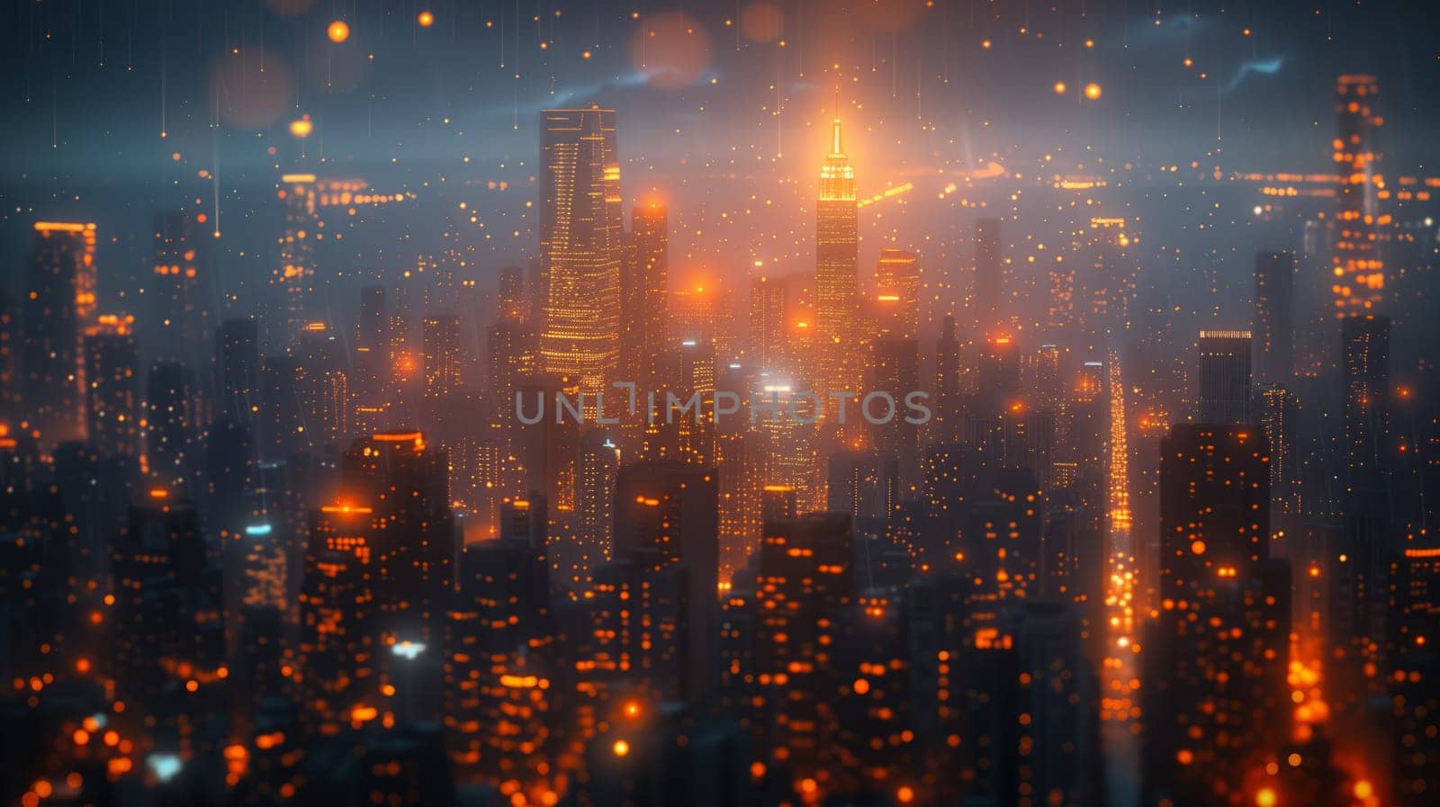 A mesmerizing aerial view of a metropolis at night with towering skyscrapers, illuminated buildings, and clouds floating in the atmospheric sky