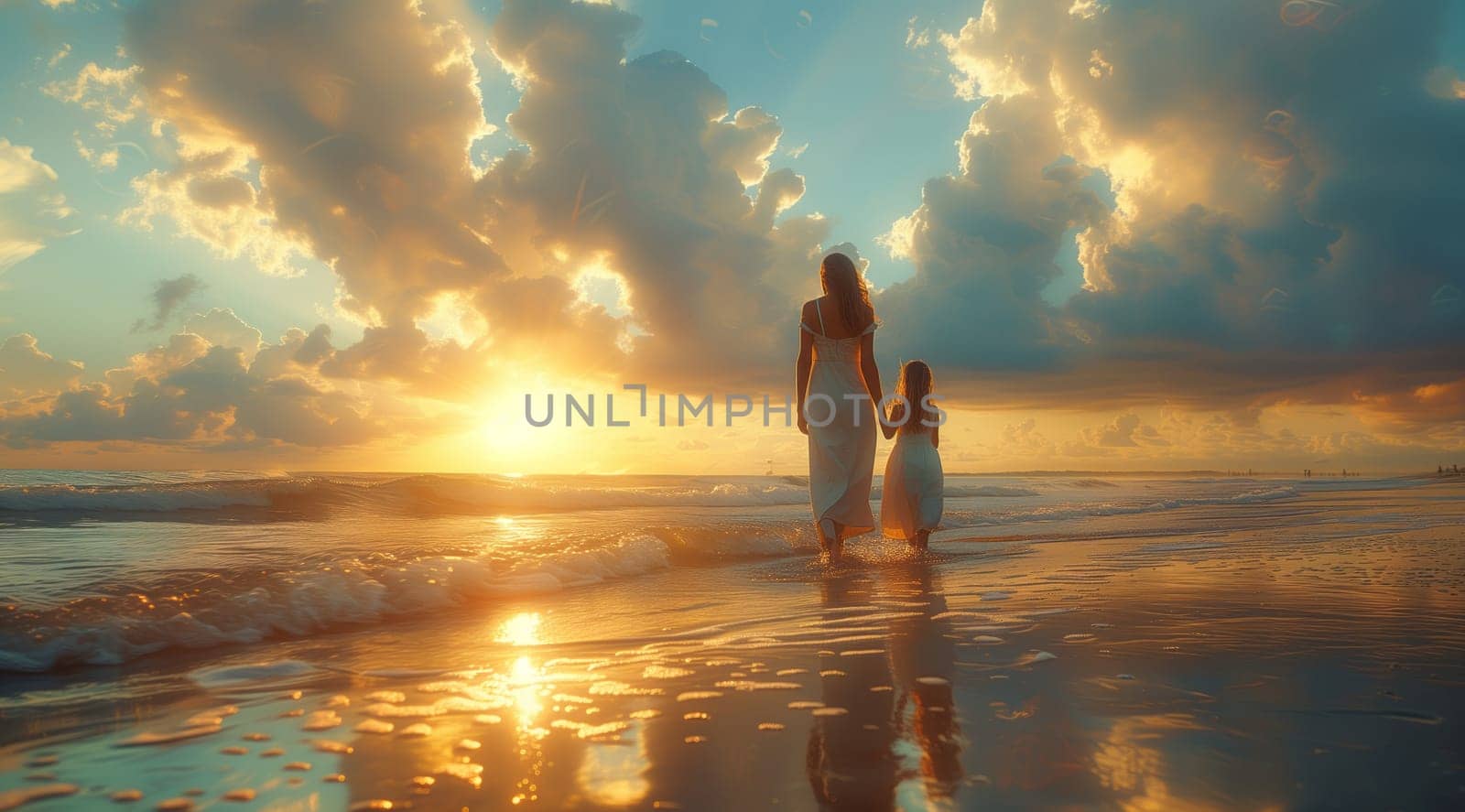 A woman and a little girl are strolling on the beach at dusk, admiring the vibrant colors of the sky and the calming water