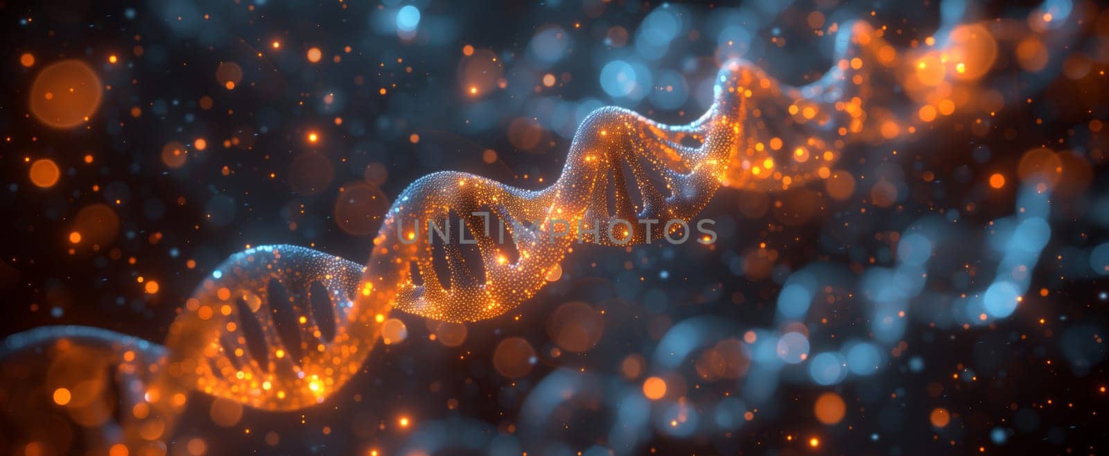 a computer generated image of a dna strand surrounded by glowing particles by richwolf