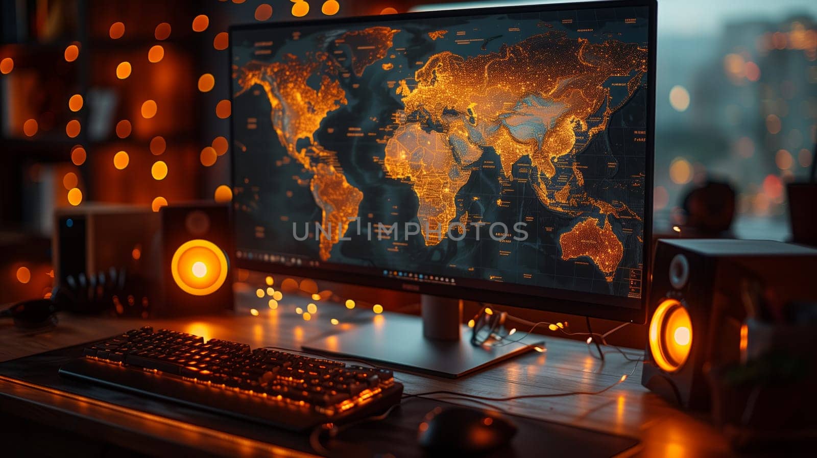 A display device showing a world map is placed on a desk in a building, with audio equipment for entertainment. The monitor can also be used for gaming
