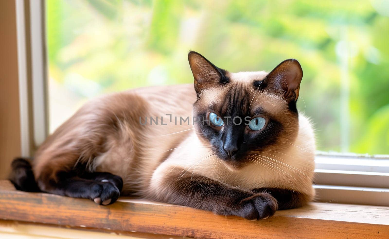 Chilling Relaxing Beige Dark Siamese Asian Cat Lying on Windowsill Indoor, Green Trees on Background. National Cat Day. Happy Sleeping Pet. Ai Generated. Horizontal Plane. High Quality Photo