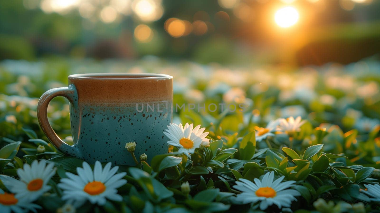 A coffee cup is placed amidst a field of daisies, bathed in the warm light of the sunset, blending with the greenery of nature