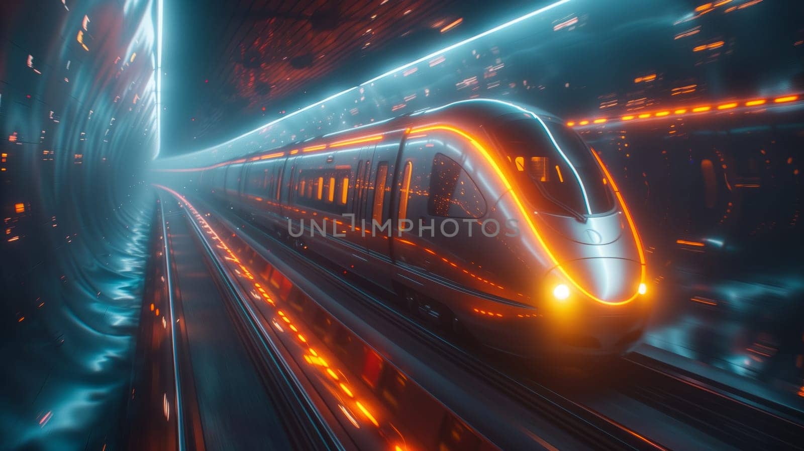 An electric blue train with automotive lighting illuminates the tunnel as it speeds through the night, creating a futuristic atmosphere