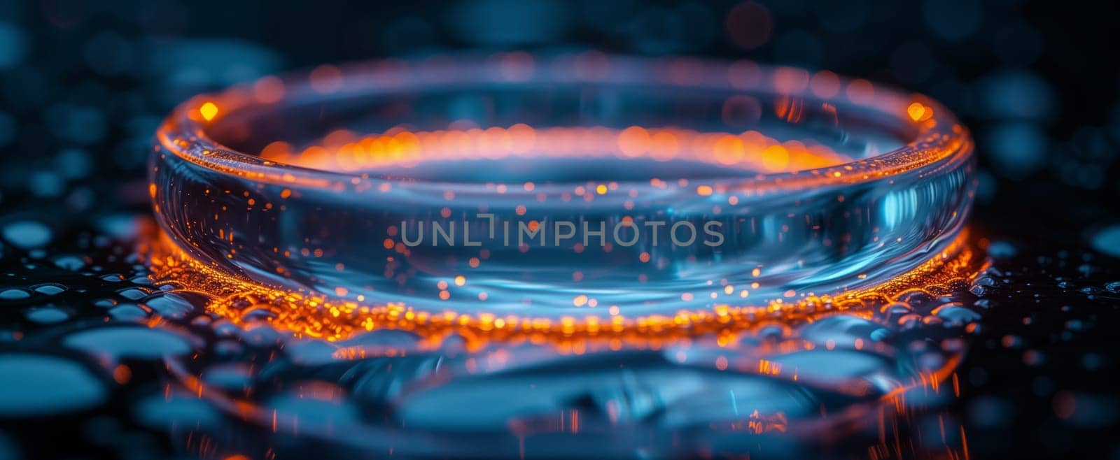 A detailed shot capturing the mesmerizing light emitting from a glass filled with water, creating an electric blue glow. A perfect blend of art and technology