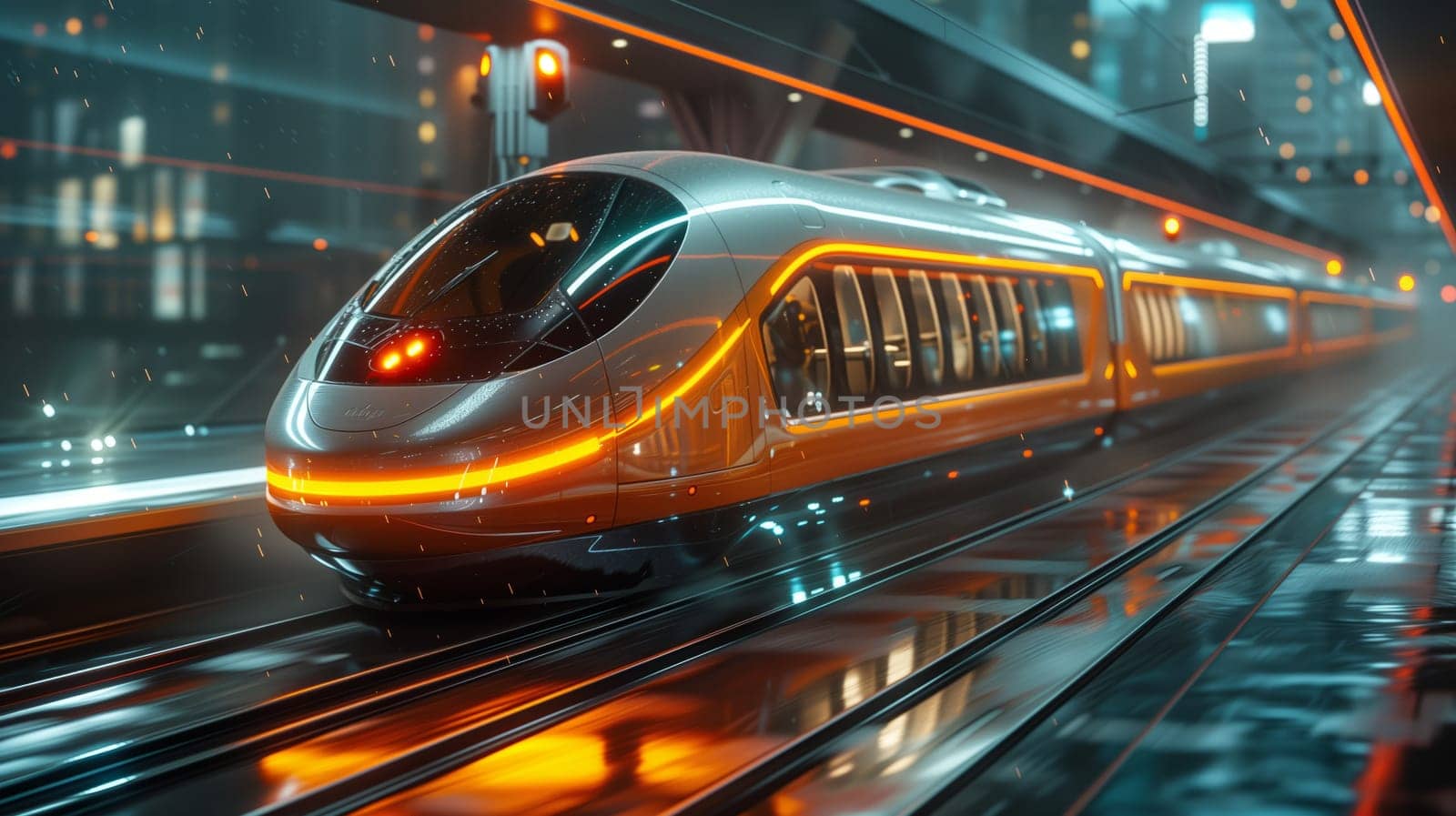 A highspeed bullet train on futuristic tracks at night, powered by electricity and equipped with automotive lighting for a smooth ride