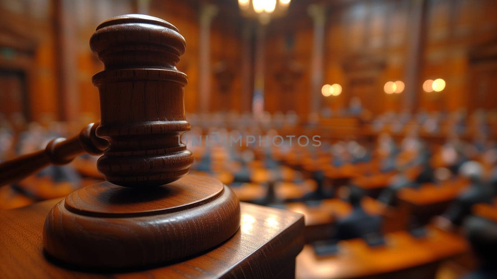 A wooden judges gavel sits on a table in a courtroom, creating a still life photography scene with wood and metal elements