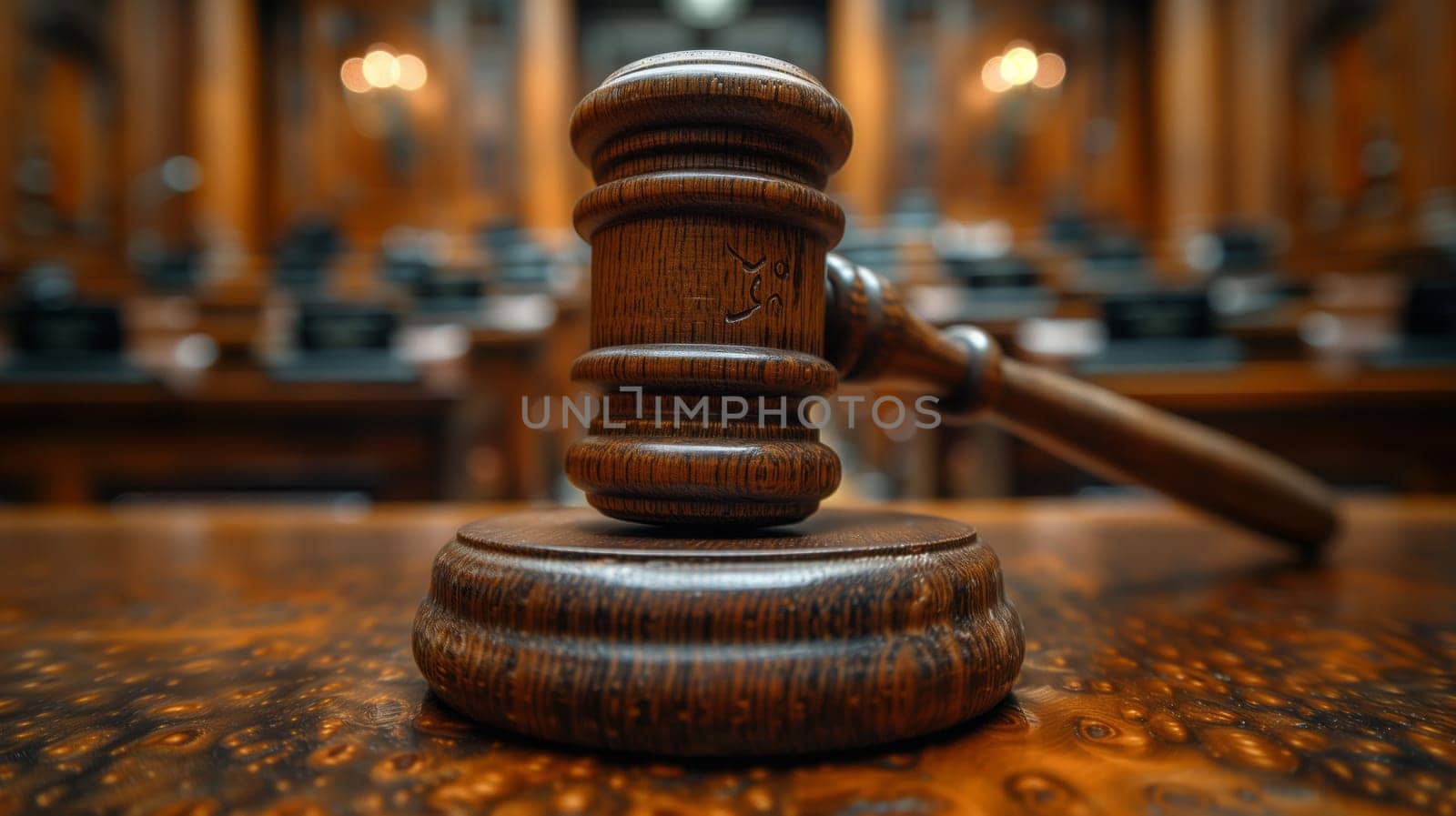 a wooden judge s gavel is sitting on a wooden table in a courtroom . High quality