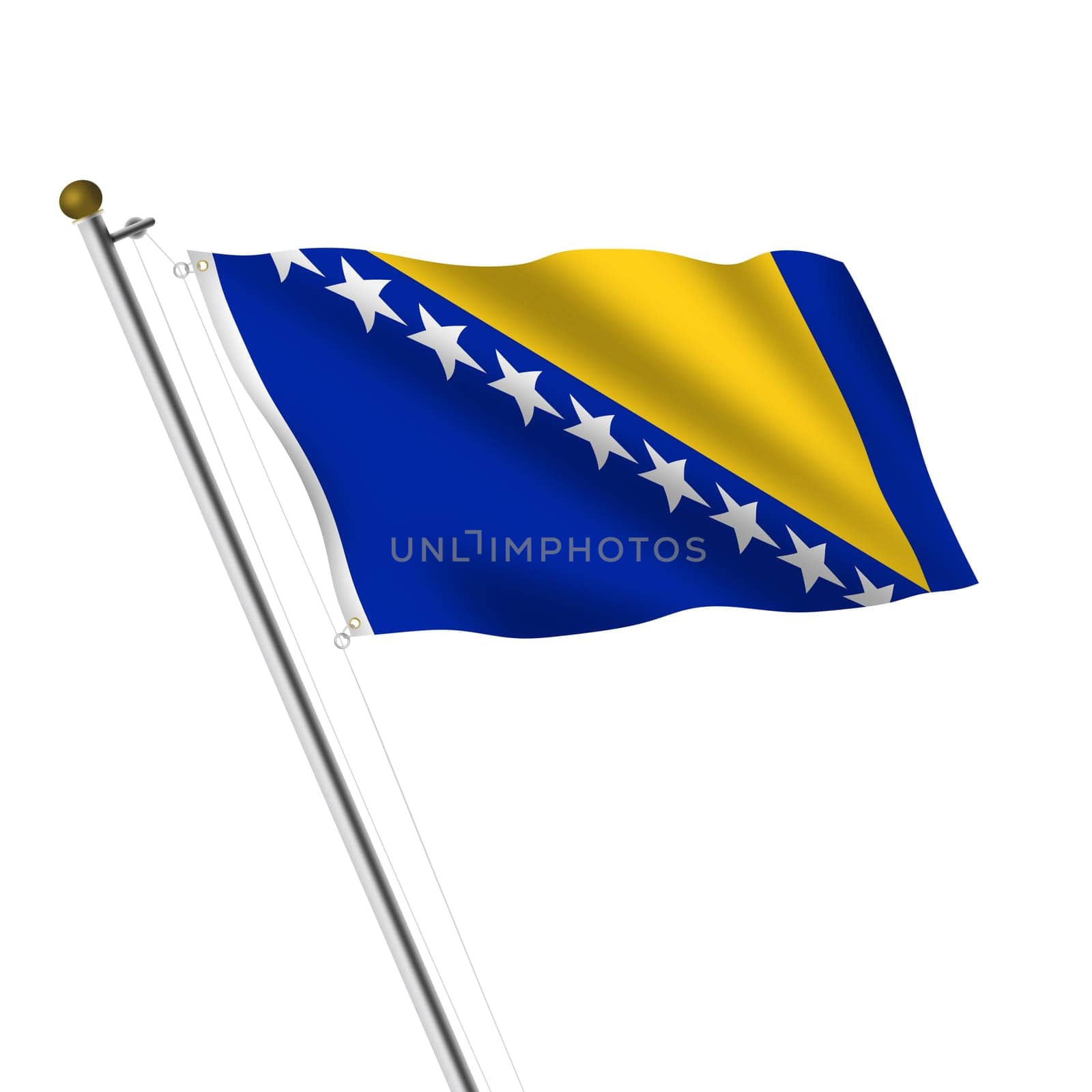 A Bosnia Herzegovina Flagpole 3d illustration on white with clipping path