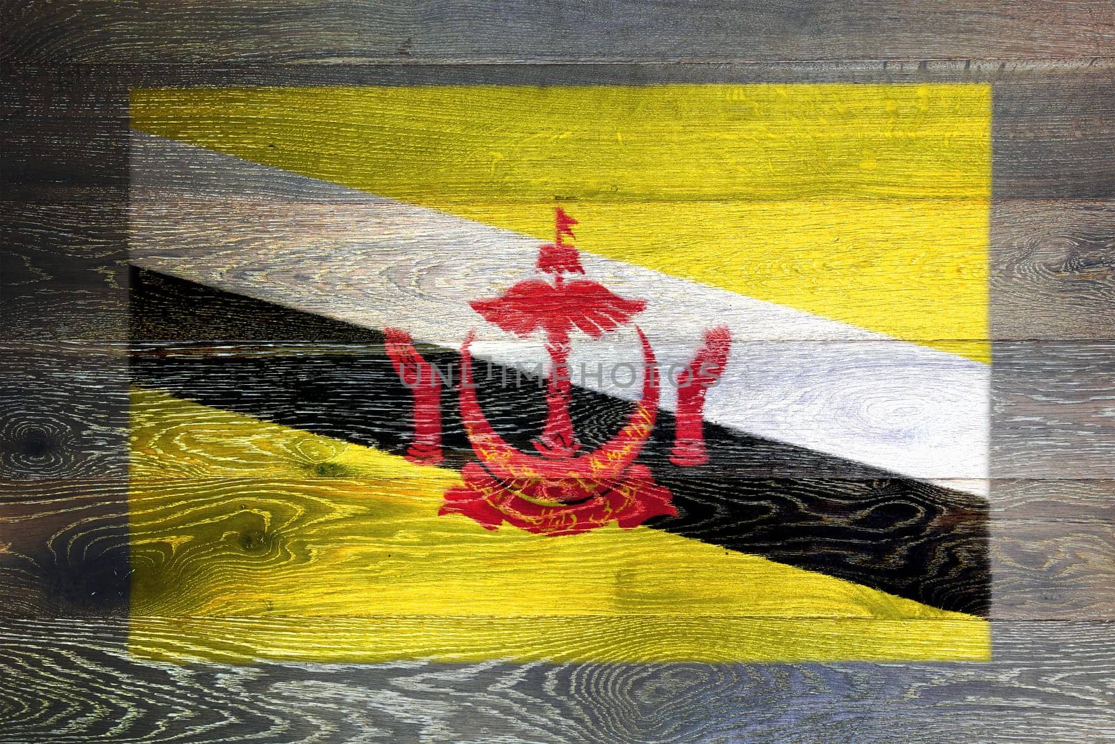 A Brunei flag on rustic old wood surface background