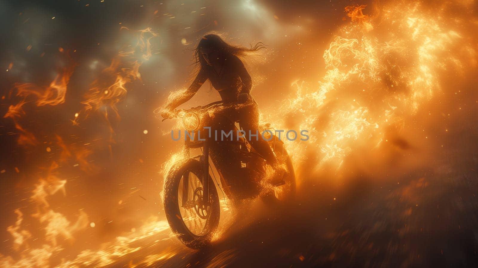 A woman is navigating her motorcycle through flames, with the wheel and tire spinning as the vehicle speeds through the fiery landscape towards the cloudy sky