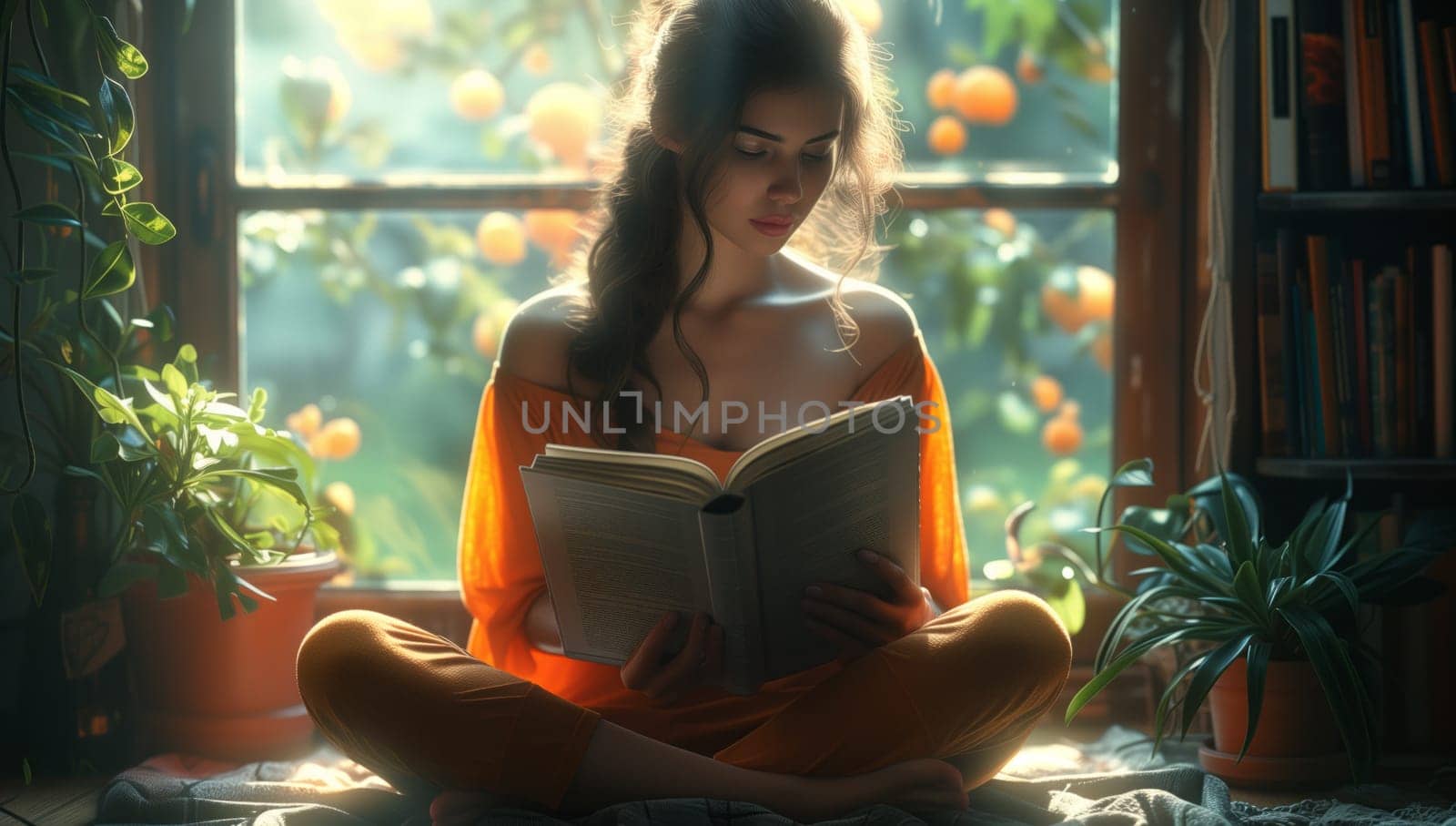 A woman leisurely sits on the floor by a window, reading a book. A houseplant sits in a flowerpot nearby while a tree can be seen outside