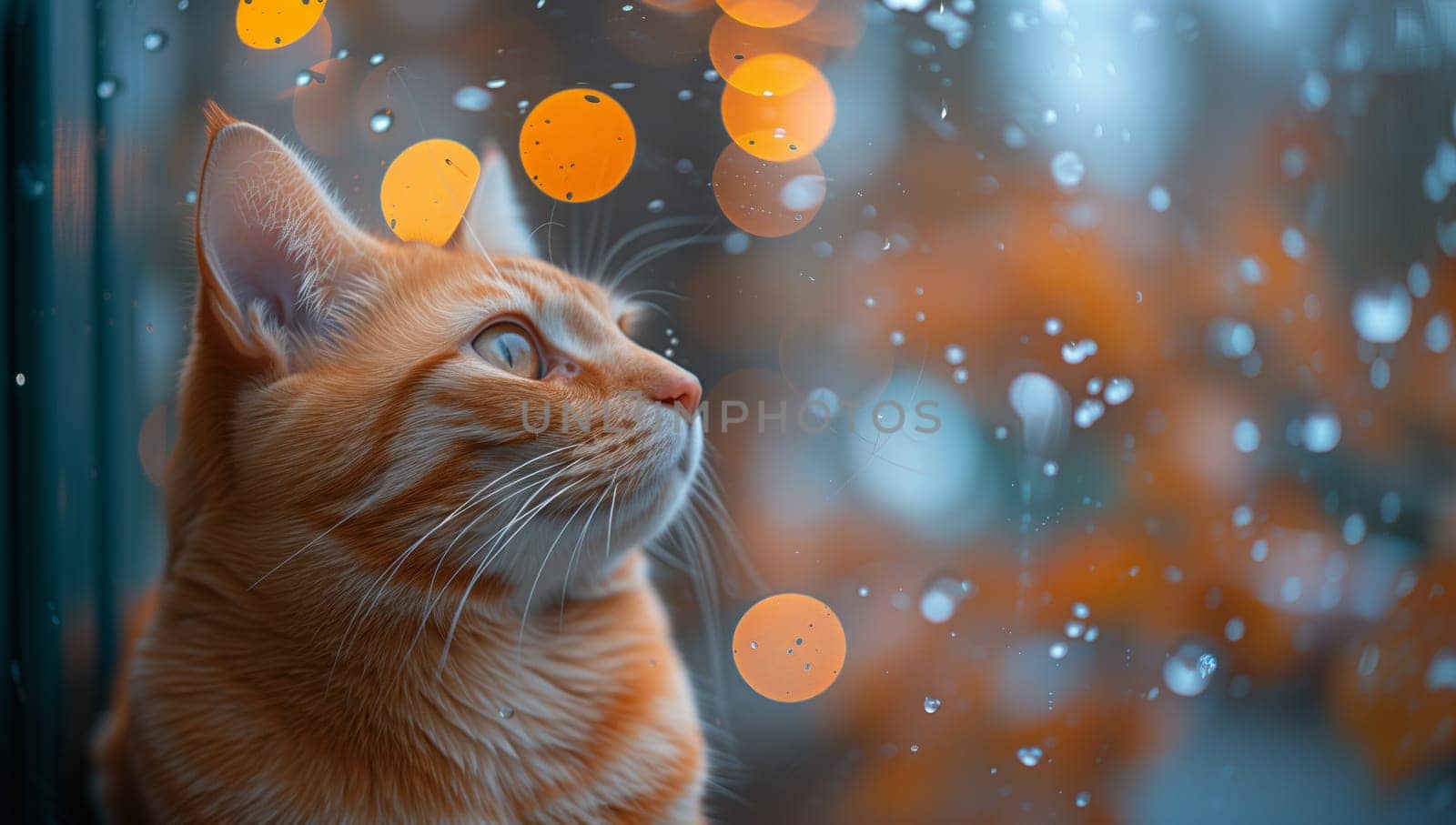 A Felidae carnivore with whiskers and fur, the cat is gazing out of a window at the rain, showcasing its small to mediumsized cat features in a closeup event