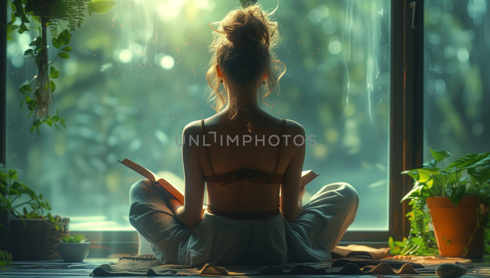 A woman is leisurely sitting in a lotus position by the window, with a houseplant in a flowerpot beside her, enjoying the sunlight filtering through the leaves