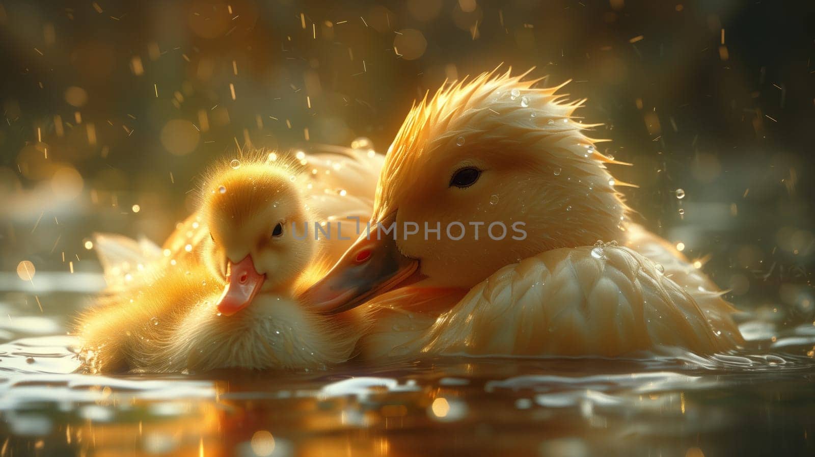 Two ducklings, waterfowl chicks with feathers and beaks, swim together in the liquid. They are a type of water bird, part of the duck family