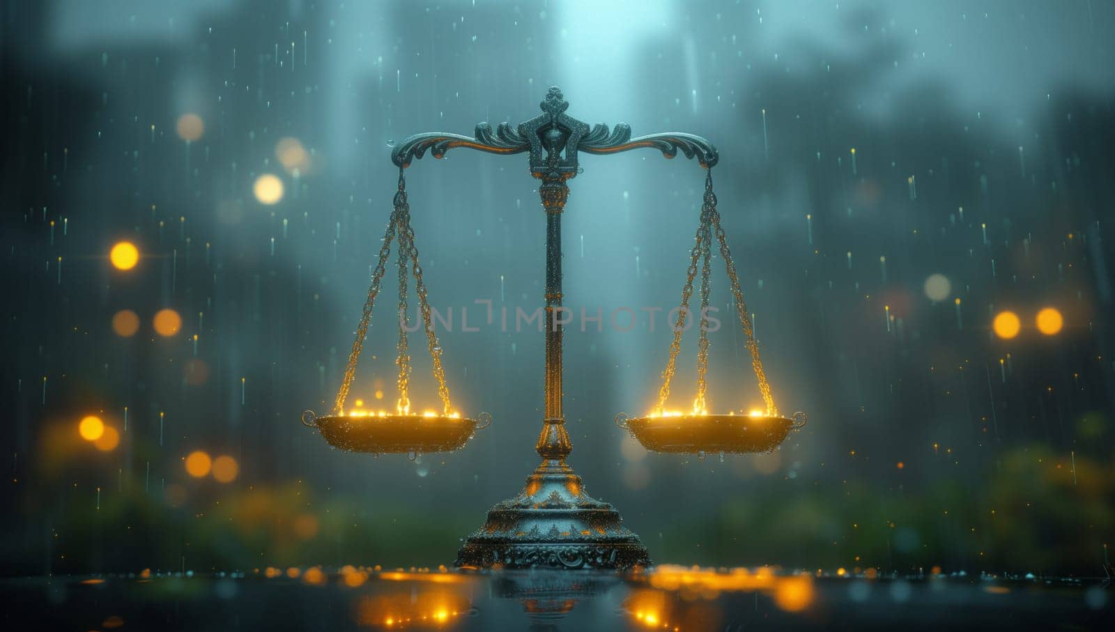 A liquid scale of justice shines in the rain, creating an electrifying event in the city. The glass drinkware glows in the darkness with a stemware font