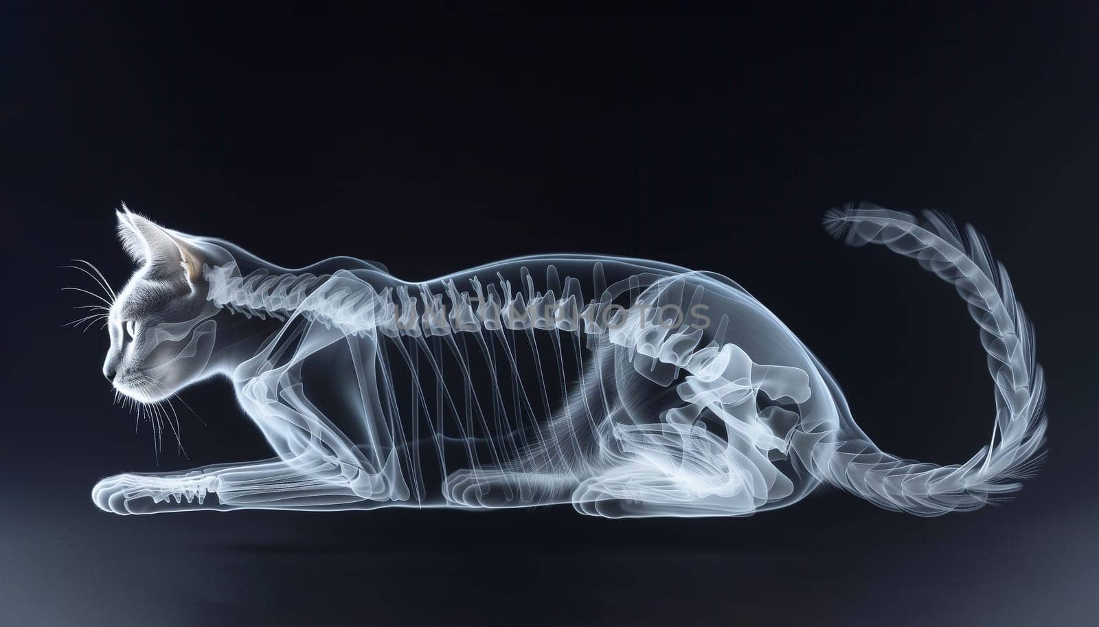 Radiographs, X Ray Picture With Cat's Skeleton for Treatment and Diagnosis. Space For Text. Animal Hospitals, Vet. Pet Scan. AI Generated. Positron Emission Tomography Mockup. High quality Horizontal