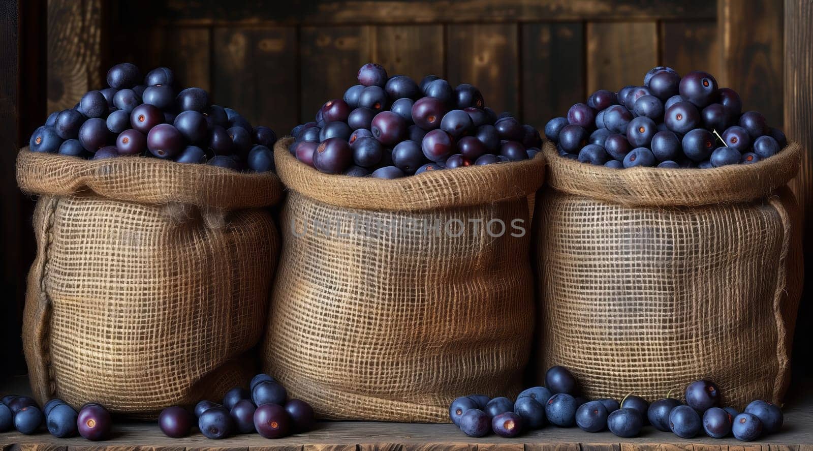 Three Natural foods storage baskets filled with blueberries are displayed on a wooden shelf, making a colorful and healthy addition to any kitchen