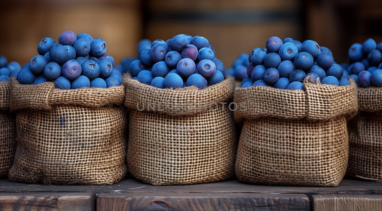 A row of storage baskets filled with electric blue blueberries on a wooden table at the local food market