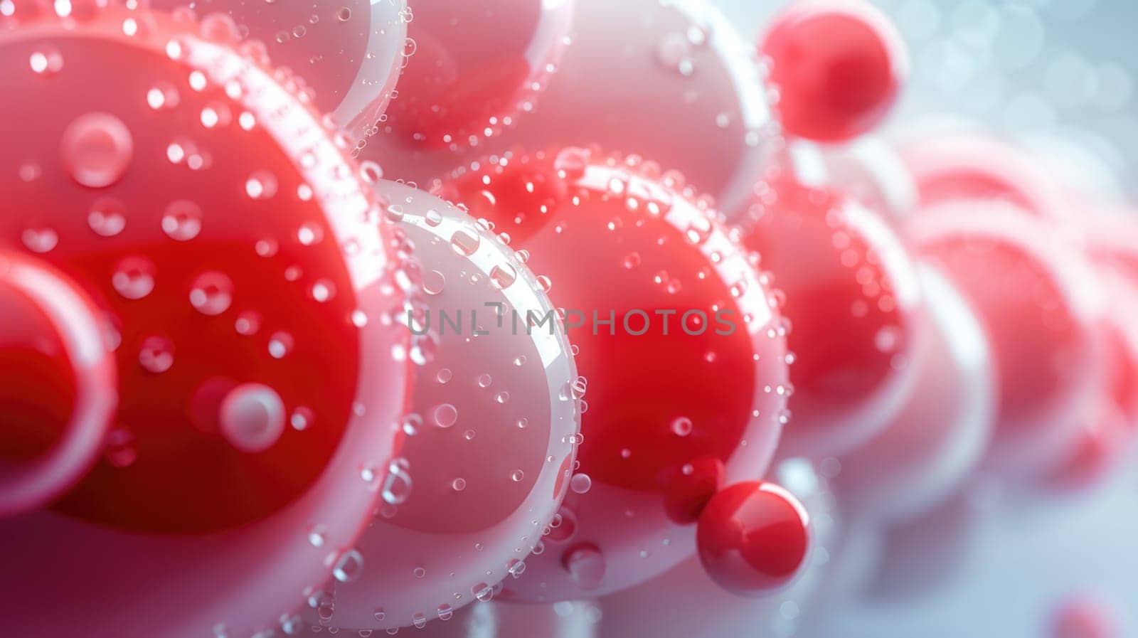 A collection of red and white balls covered in water droplets.