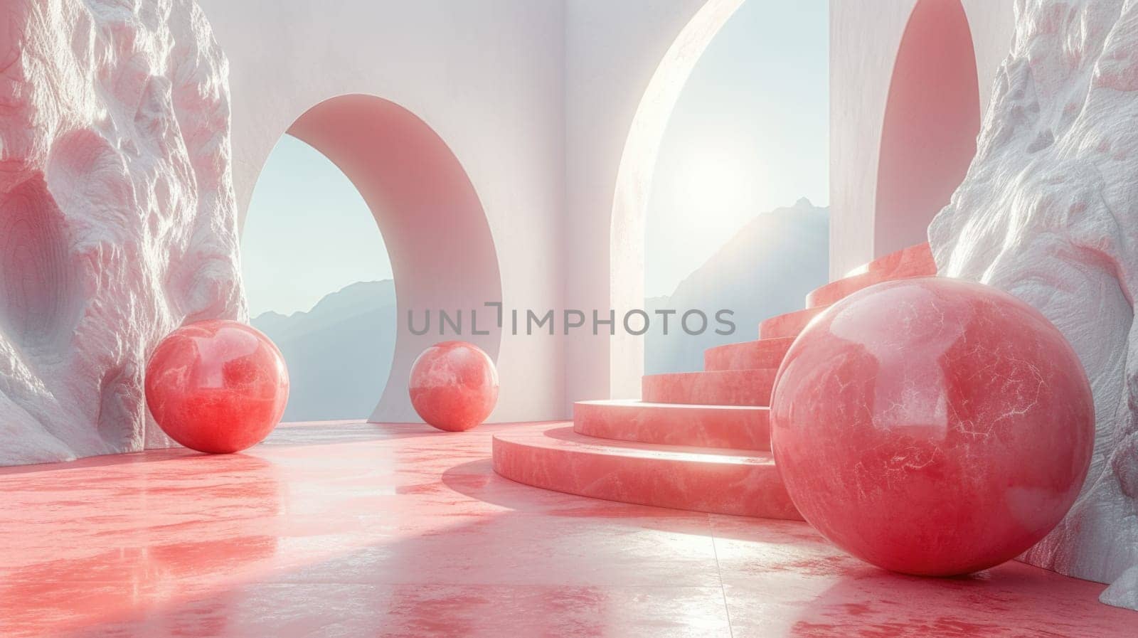 A room showcasing red balls scattered across the floor, surrounded by minimalist white walls.