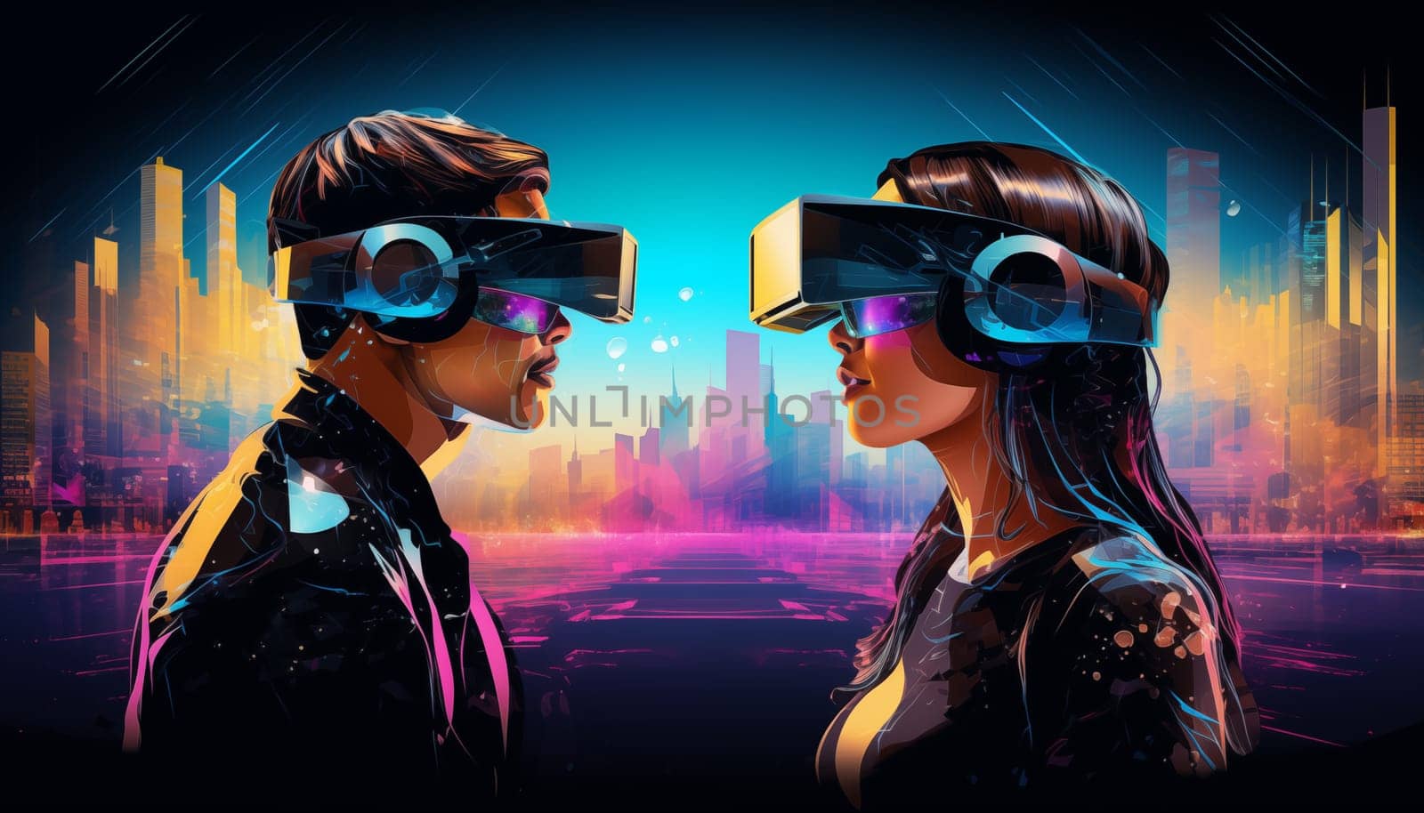 Man and woman wearing VR glasses by Nadtochiy