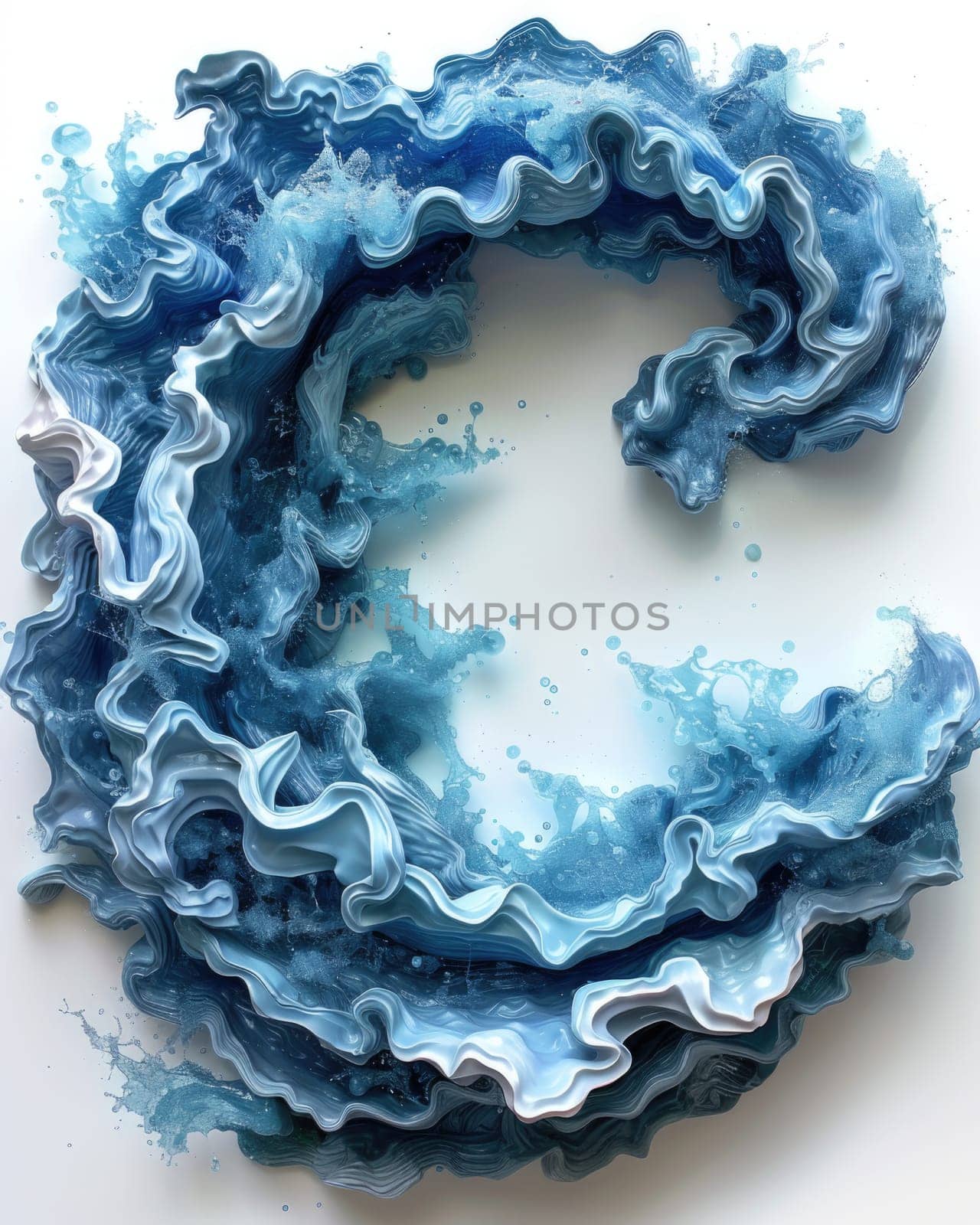A detailed view of a paper art piece featuring intricately crafted letters shaped like waves and ocean elements.