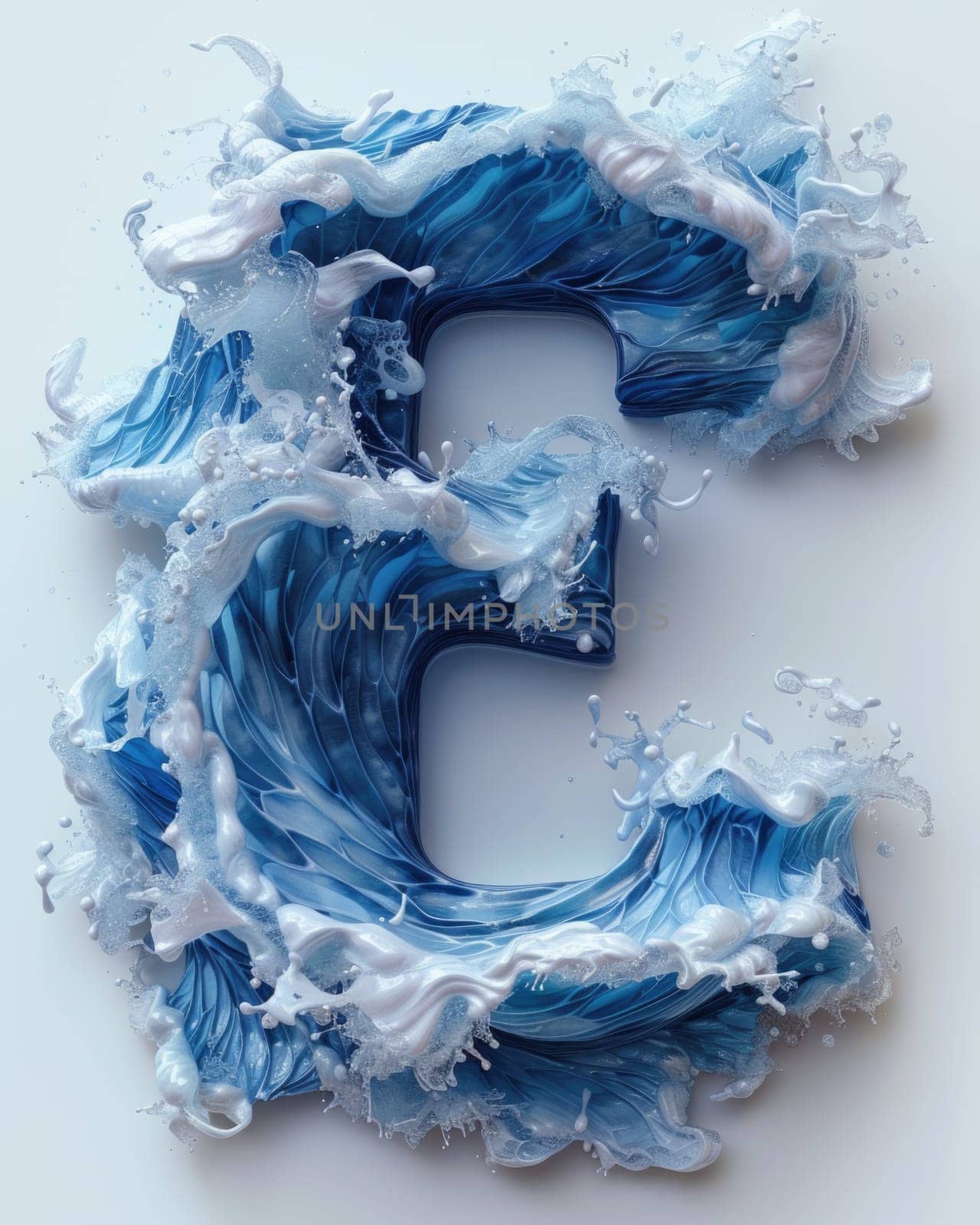 A letter made out of blue and white foam floats on the surface of the ocean.