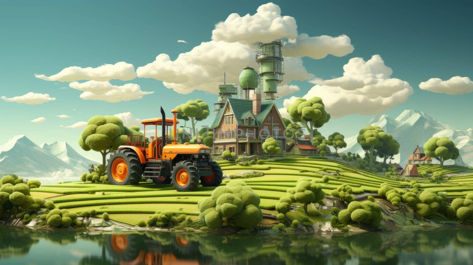 A concept of smart farming with a tractor on a floating piece of land with crops and meadows. Farm rural on a flying island.