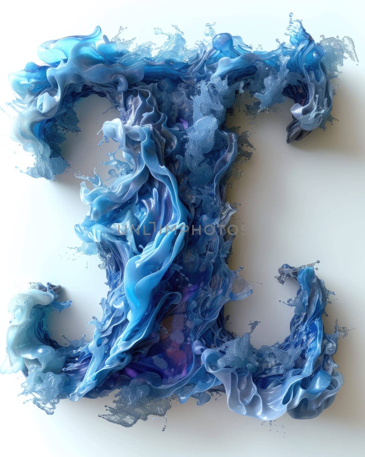 A photograph showcasing the letter F formed by blue and white paint on the surface of the sea.