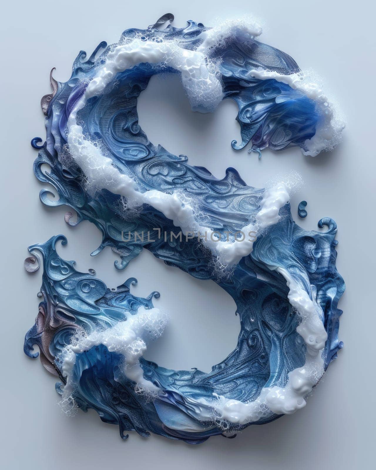 The letter S is creatively crafted using blue and white swirls, resembling the form of the sea.