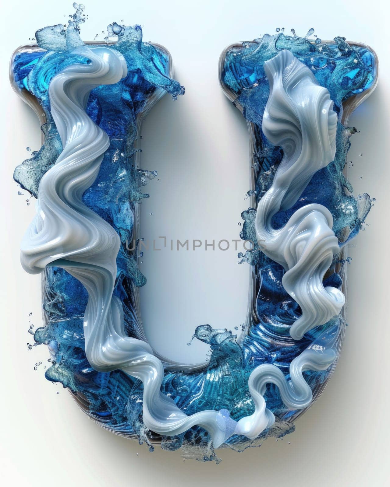 A letter created from intricate blue and white swirls, gently drifting in the sea.