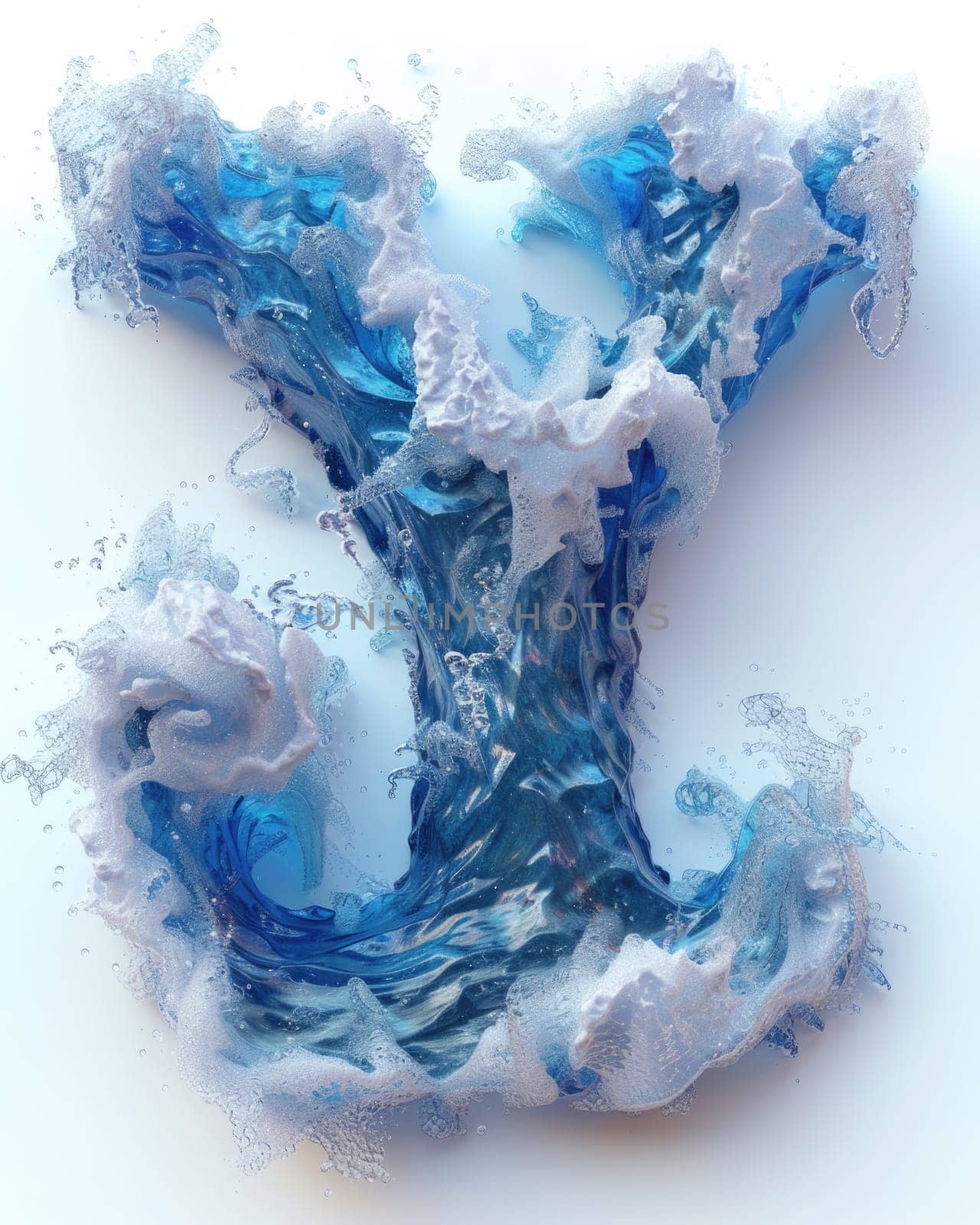 A visually striking piece of artwork made from blue and white paint, resembling letters in the form of the sea.