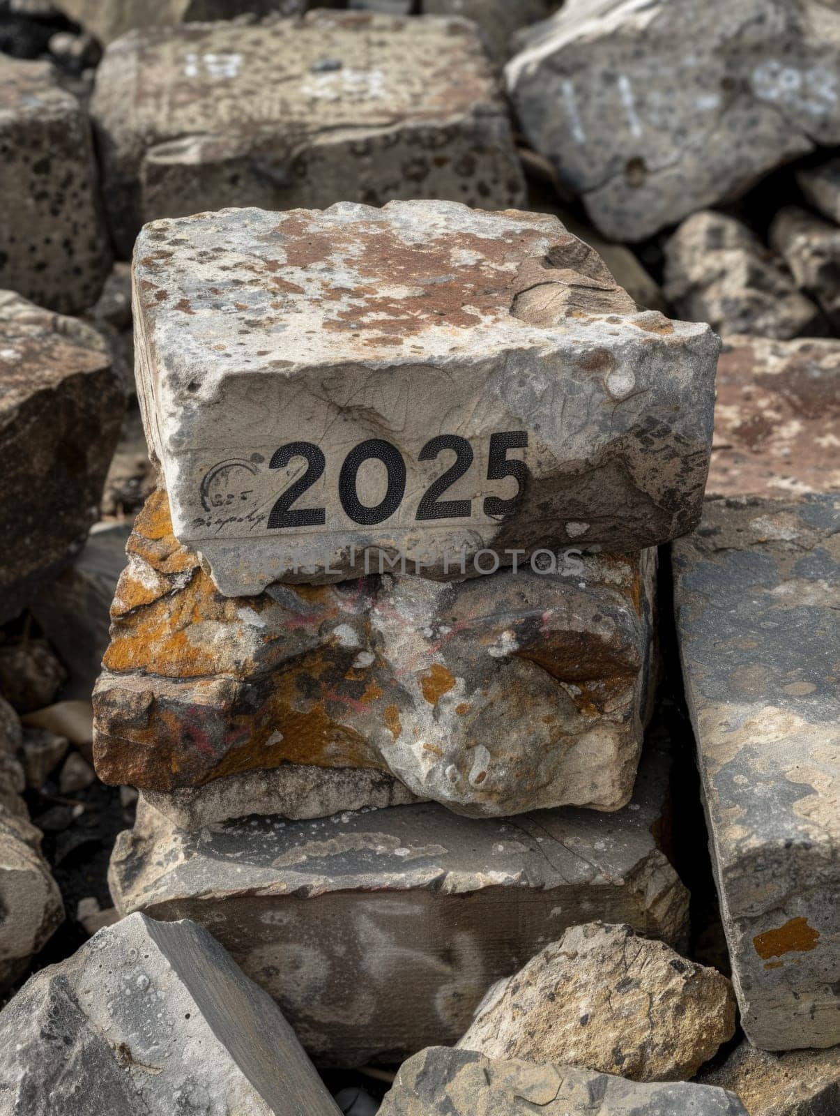 A pile of rocks arranged with numbers on them, depicting a numerical sequence or counting concept.