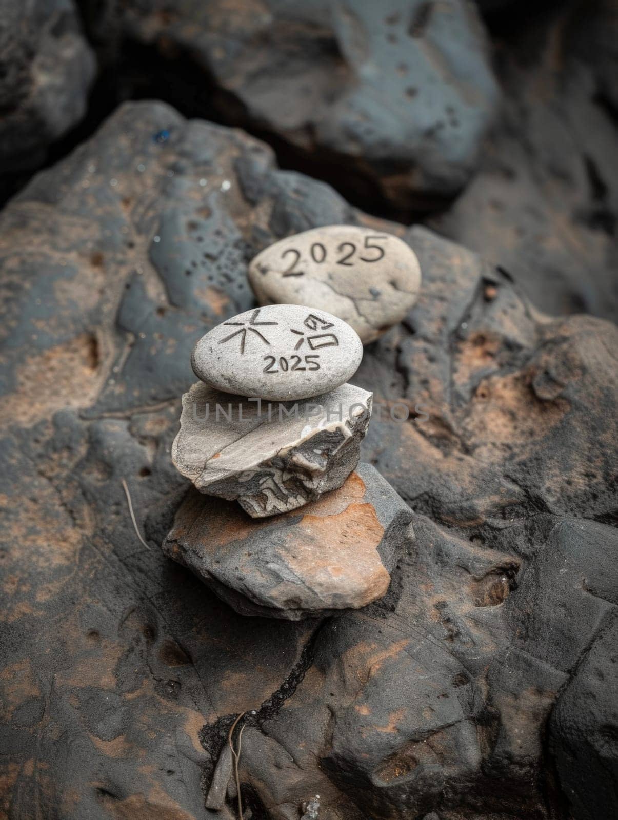 A collection of rocks is stacked and scattered on a rugged beach.