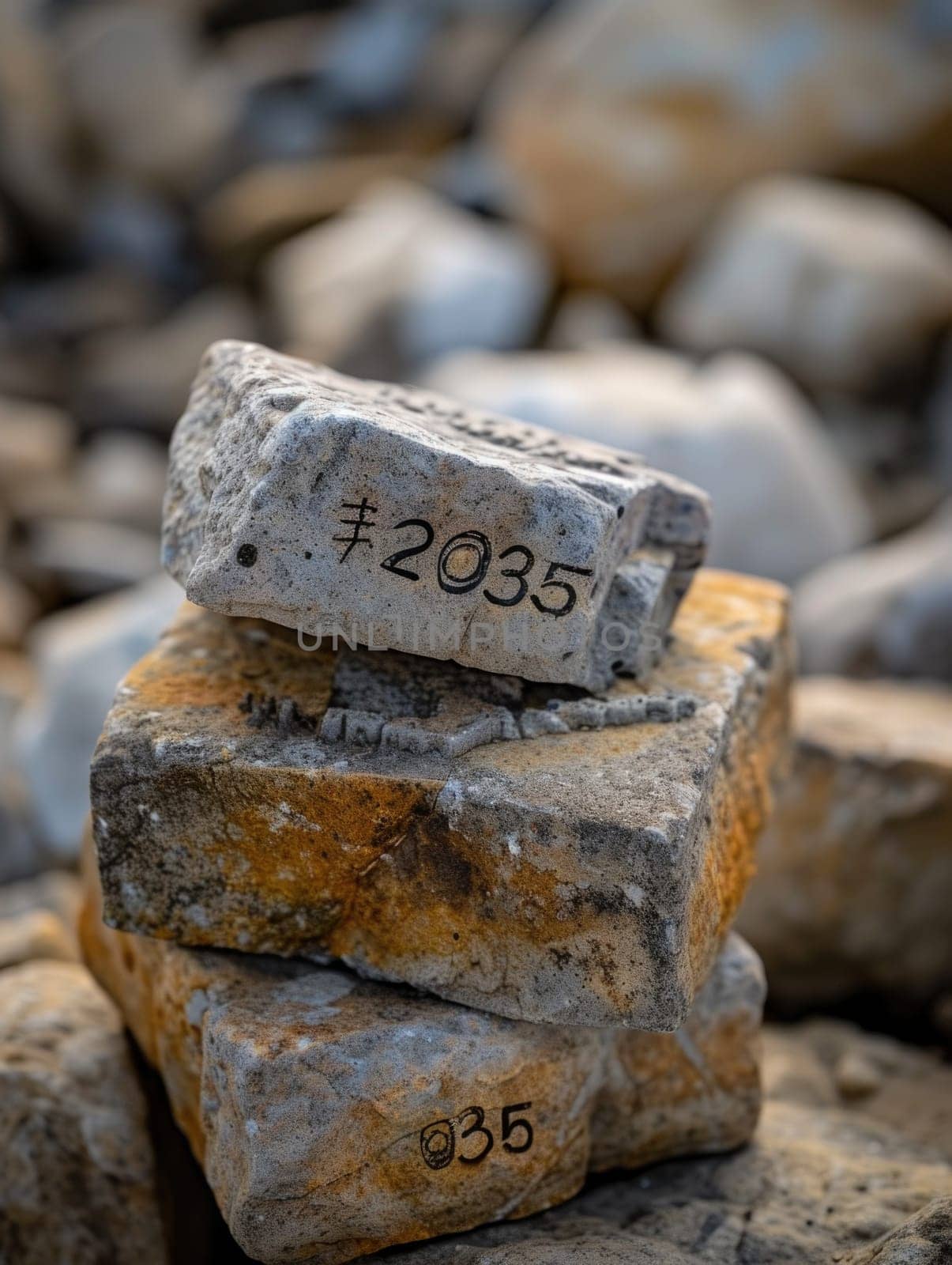 A collection of rocks arranged in a stack, with the number 205 inscribed on them.