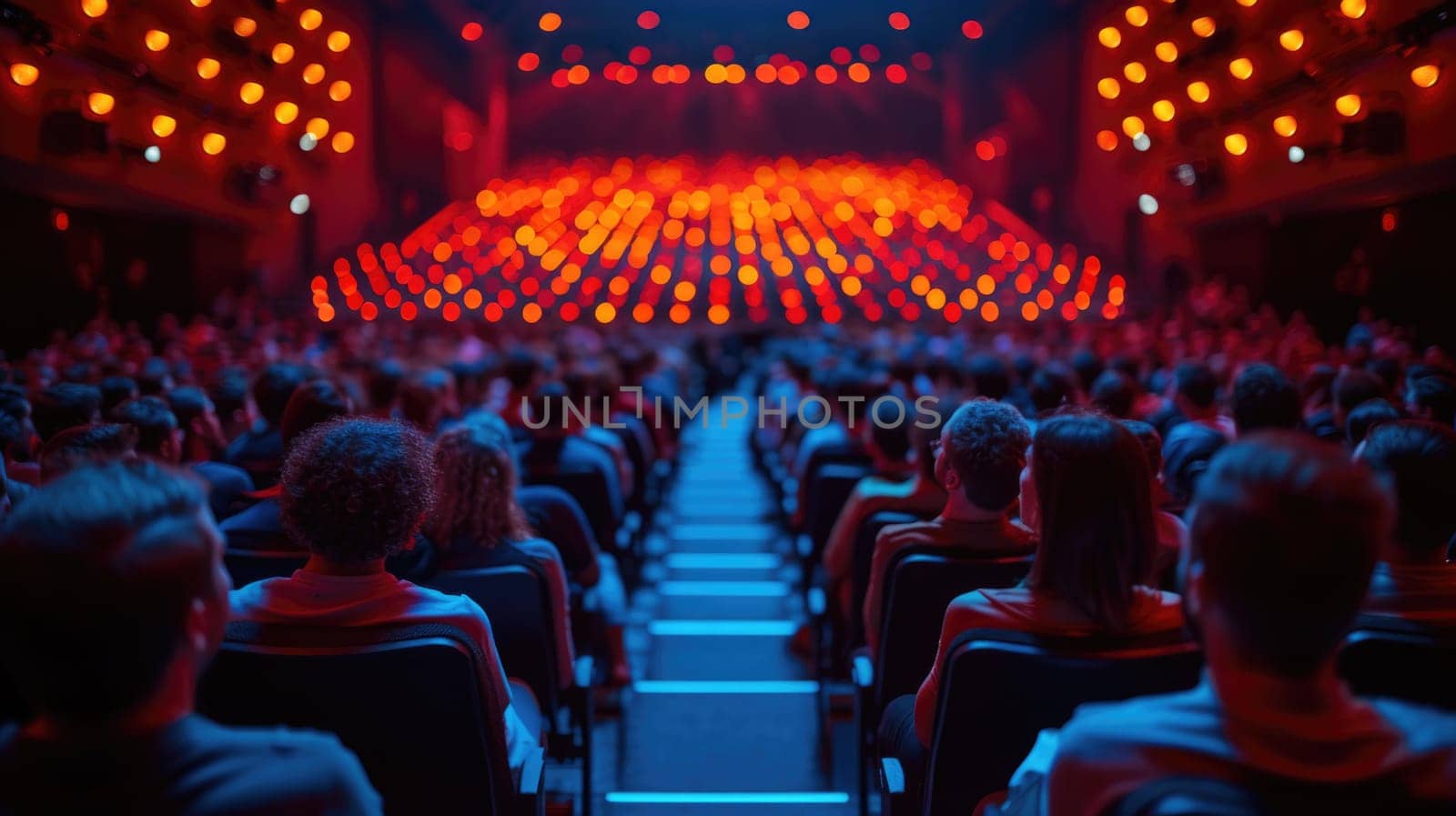 A large group of individuals seated in front of a stage, engaged in an event or performance.