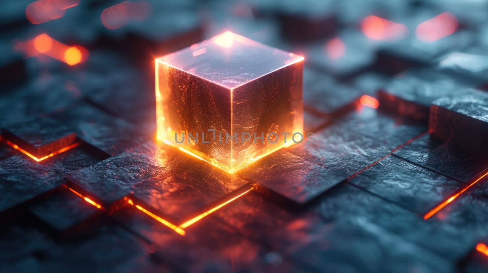 A photograph capturing a glowing cube placed on top of a computer keyboard.