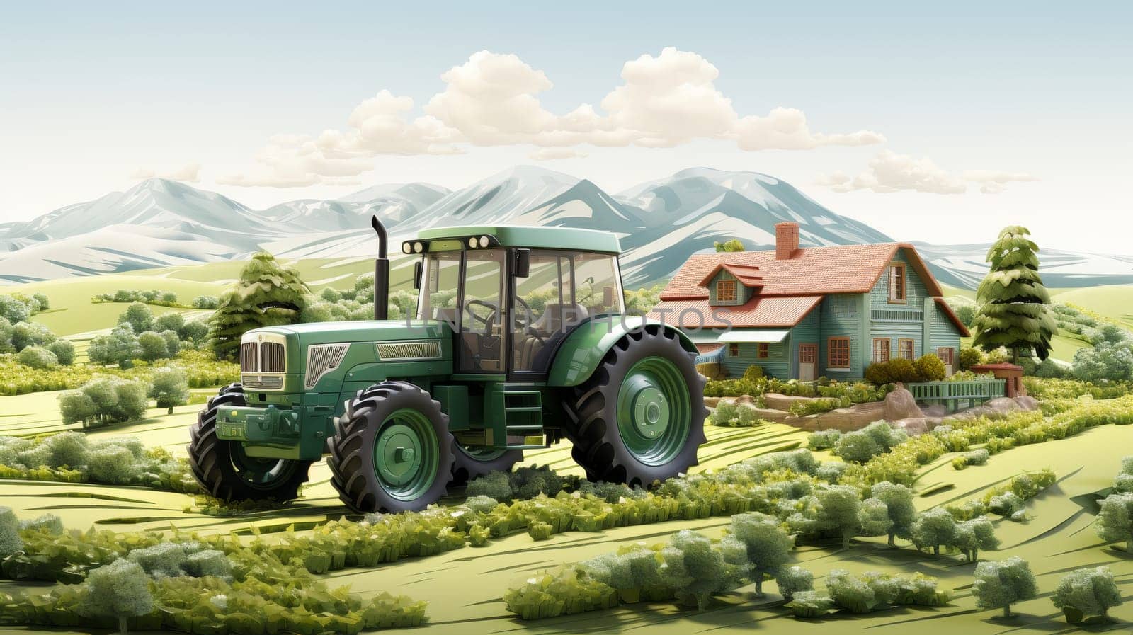 Farmland with crops and tractor isolated on white background. 3D render of a meadow landscape with machinery. Smart farming and modern farm business concept. by Andrei_01