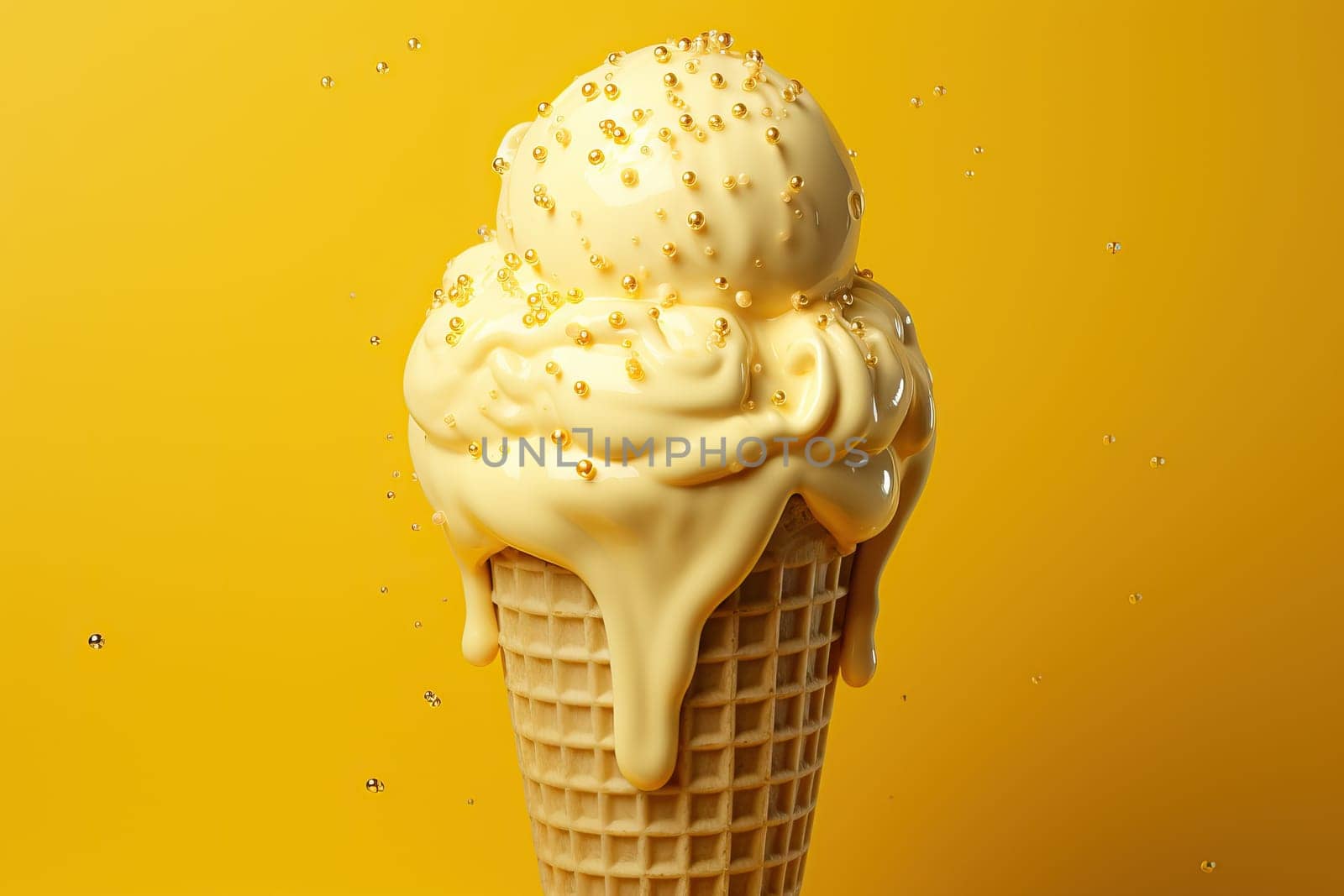 Banana ice cream cone with balls on yellow background close-up for banner.